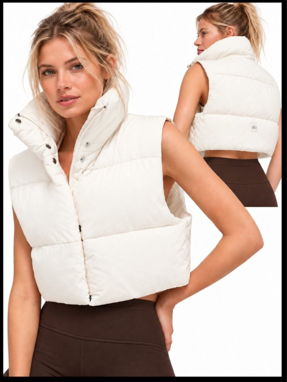Alo Yoga Gold Rush Puffer Vest Ivory Cream White Cropped XS